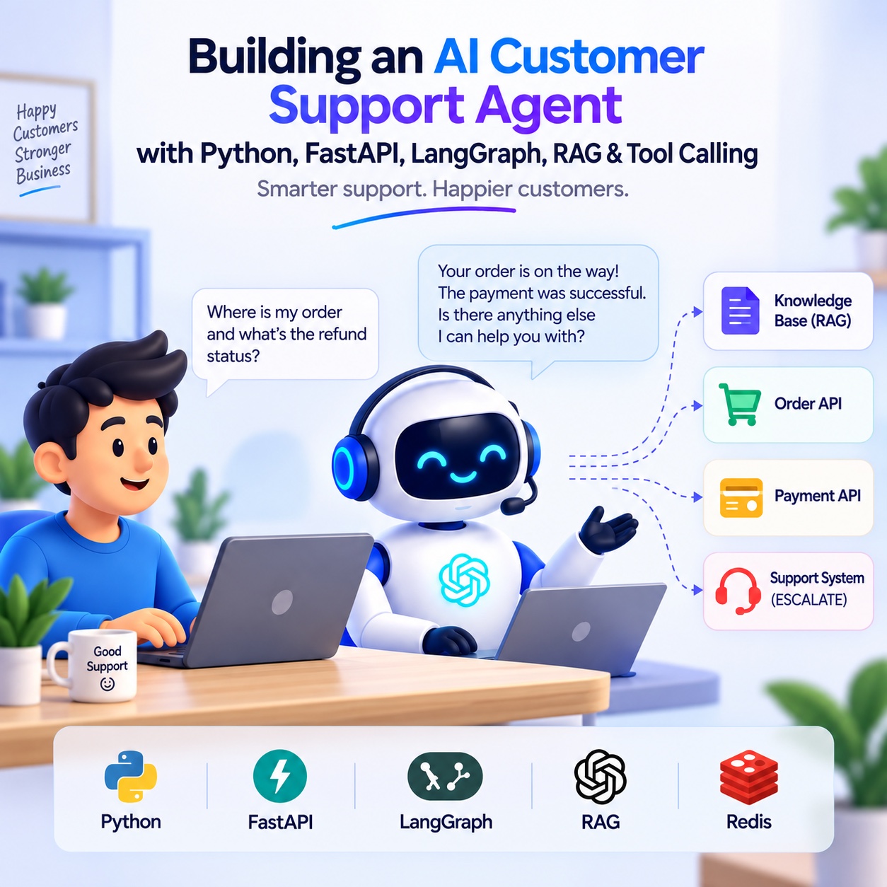 Illustration of a customer chatting with an AI support agent that routes to a knowledge base, order API, payment API, and human escalation
